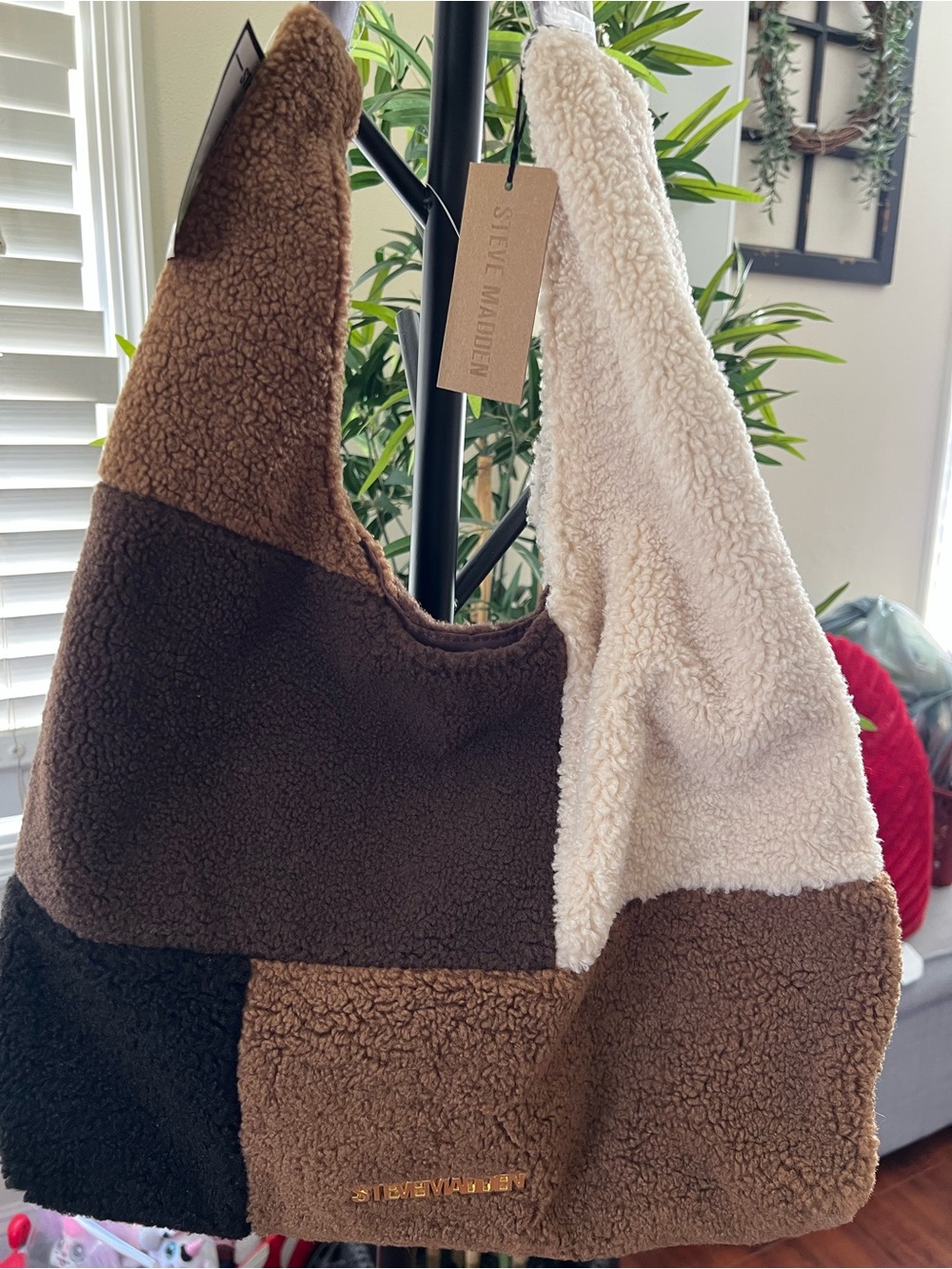 Steve Madden Patchwork Sherpa Shoulder Bag in Brown, Cream, Black